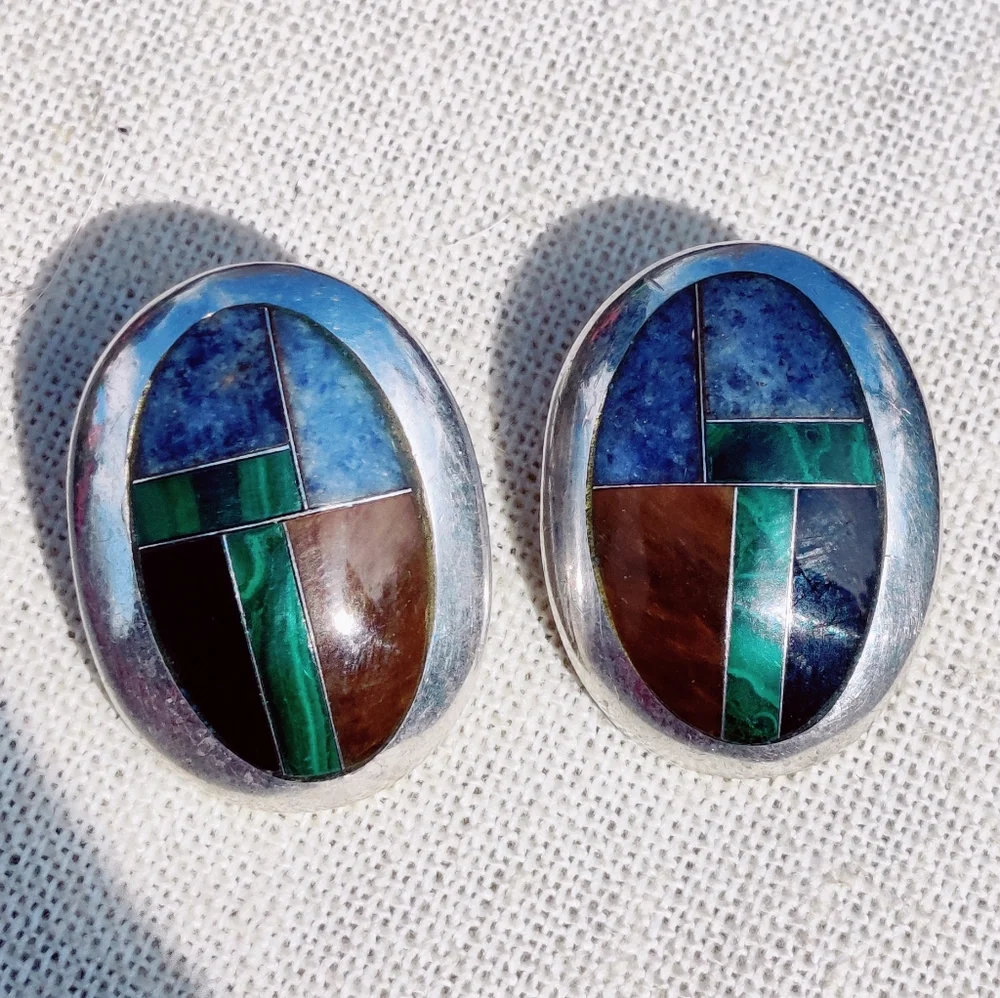 Vintage heavy 950 fine silver Mosaic taxco signed stone earrings - Picture 3 of 15